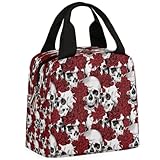 hihihihihihihihi TropicalLife - Lonchera térmica con diseño de calaveras y rosas rojas para mujeres y hombres, reutilizable, con aislamiento, pequeña bolsa a prueba de fugas para el trabajo, picnic,