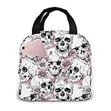 Hulnulnu Bolsa de almuerzo aislada con diseño de calavera con flores de cerezo rosa, reutilizable, portátil, lonchera impermeable con cierre zip, portabocadillo para picnic, oficina, trabajo