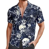 Camisa hawaiana para hombre con calavera, camisa de manga corta, camisa de solapa, camisa informal para hombre, divertida, clásica, corte regular, tira de botones, manga corta, B azul marino., M