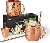 Gadgy Conjunto de Vasos Moscow Mule Set de Tazas de Cóctel - Incluye 2 Vasos de Cobre, 2 Pajitas y un Jigger - 100% Cobre y Hecho a Mano - Vasos de Cobre - Regalo para Fiestas