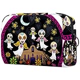 Neceser de viaje con diseño de calavera con alas y fantasmas para mujer, bolsa organizadora de maquillaje grande con cremallera, multicolor, 18.5x7.5x13cm/7.3x3x5.1in, Neceser