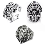 Lithyc Paquete de 3 Anillos de Calavera Para Hombre,Anillos Hombre, Anillo Calavera, Anillo de Hombre Calavera, Anillos Ajustables, Anillos de Motociclista de Hip Hop Para Halloween