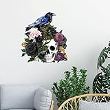 Calcomanías de pared de Halloween, diseño de calavera de pájaro negro, decoración de calavera feliz de Halloween, flores de rosa, bienvenida, Halloween, decoración de pared de vinilo, decoración