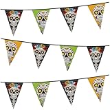 com-four® 3X Banderines con Estampado de Calavera - Guirnalda para Halloween y Fiestas temáticas - Diseño del día de Muertos - Cadena de Banderas (3X Cadena de banderines)