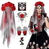 5PCS Dia de Los Muertos Disfraz Mujer, Diadema Día de Los Muertos con Rosas Velo Tatuajes Temporales Collar Guantes Encaje Rosas, Diademas Halloween Accesorios Disfraz Halloween Mujer Carnaval Cosplay