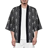 CIZEUR Hombre Hippie Camisa Kimono Japonés Estampado Holgado Manga 3/4,L Calavera