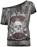 Rock Rebel by EMP Mujer Camiseta Gris Oscuro con Escote Ancho y Estampado de Calavera L