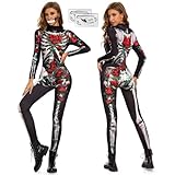 FORMIZON Disfraz Esqueleto Mujer, Disfraces De Esqueleto De Halloween, Mono Esqueleto Mujer con Estampado 3D, Traje de Esqueleto para Halloween, Carnaval, Fiesta, Cosplay (Rosa, L)