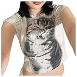 Camiseta de manga corta con estampado de gato para mujer, corte ajustado, parte superior de hombro para mujer, estilo informal, suéter de calavera, Blanco, M