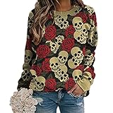 Camisetas de Manga Larga de Halloween para Mujer Tops con Estampado de Calaveras y Rosas Blusa de Sudadera con Cuello Redondo y Estampado de Calaveras a la Moda