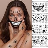 NEERIX Juego de tatuajes faciales de Halloween, esqueleto y cicatrices, maquillaje de zombi y brujas, tatuaje de calavera y boca, adecuado para adultos y niños