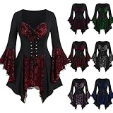 Camiseta gótica para mujer, encaje, diseño de calavera, blusa de manga 3/4, patchwork, túnica con cordones, para mujer, Halloween, carnaval, disfraz, blusa de bruja, vampiro top, 01-rojo., XXL