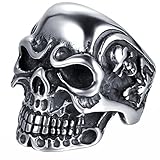 JewelryWe Anillo de Acero Inoxidable para Hombre, diseño de Calavera, Varias Tallas, con Bolsa de Regalo, Color Plateado y Negro (US#7=ES#14)