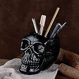 Arola Portalápices y bolígrafos con diseño de calavera negra, soporte para llaves de esqueleto, soporte para brochas de maquillaje, maceta, suministros de escritorio para oficina en casa,