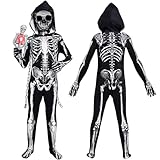 Joellfuner Disfraz de Esqueleto Niños, Negro Mono de Esqueleto 3D para Niños con Máscara y Lámpara de Calavera, Cadena, Traje Esqueleto Niño para Halloween Fiesta Carnavales Cosplay (120)