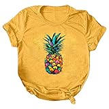 Mujer Casual Piña Estampado Manga Corta Cuello Redondo Camiseta Suelta Blusa Tops Camiseta Calavera Brillante Mujer, amarillo, L