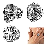 JAWUZ 3 Piezas Anillo Calavera, Anillos Hombre, Calavera Anillo Acero Inoxidable Para Hombre Mujer,Anillo Cráneo Biker Chulo Hip Hop Punk, Anillo Hombre(3Forma)