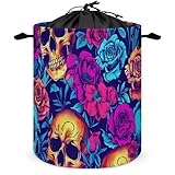 Cesta de ropa sucia con diseño de calaveras de rosas psicodélicas, plegable, con asas y bolsas de lavandería extraíbles para dormitorio, baño, dormitorio