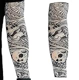 Tatodays 2 x Manga de tatuaje temporal para hombre Calaveras rockstar punk bromas falsas medias de halloween biker rocker slash goth skull adultos disfraz nylon disfraces 80s disfraz mordaza broma