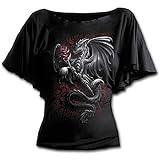 Spiral - Dragon Rose - Camiseta con Mangas de murciélago - Escote de Barco - Negro - M