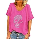 yiouyisheng Camiseta de mujer con diseño de calavera con brillantes blusa de gran tamaño camiseta de verano camiseta de manga corta cuello en V top moderno informal holgada color negro gris y rosa