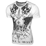 Camiseta vintage de manga corta para hombre, diseño de calavera con piedras brillantes, corte ajustado, diseño de calavera 2317, Blanco, 3XL