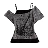 Camisetas para mujer Emo Grunge – Vintage Y2K Fake 2 piezas Guitarra Gráfica Bebé Tee Gótico Estética Manga Corta Hombro Descubierto Crop Top Alt Streetwear Punk Verano Harajuku, gris, L