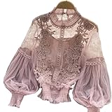 Niceminiwall Camisa victoriana de manga larga para mujer, blusa gótica renacentista vintage de encaje con botones, blusa fruncida con cuello en V de encaje (talla única)