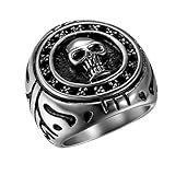 Flongo Anillo Celta Hombre Anillo de craneo Calavera, Anillo de Sello gótico Punk Rock, Acero Inoxidable Anillo de Sello Grande Anillo Plateado Negro, Talla 22