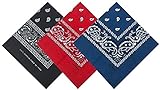 Pack 3 Pañuelos Bandanas de Paisley de Algodón para Cuello Pulsera Cabeza Unisex (negro+rojo+azul oscuro, Talla única)