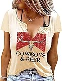 Cowboys & Beer Steer Skull Shirt Mujer Vintage Country Music Camiseta Retro Western Cowboy Rodeo Blusa Tops Tops (Beige-Hat S), Beige