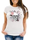 Neverless Camiseta para mujer con diseño de calavera, flores y flores, estilo boho, corte ajustado. Calavera de flores, color blanco. L