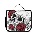 Neceser de viaje, bolsa de maquillaje portátil, bolsa de aseo con corona de calavera para hombres y mujeres, Hermosa rosa y calavera