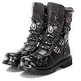 LDLD Botas de Combate para Montar para Hombre, Botas de Cuero Hechas a Mano Impermeables de Cuero PU, Accesorios de Metal Punk Rock gótico, Botas de Vaquero,Negro,44