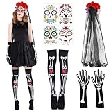 Diadema Catrina con Velo, Diadema Dia De Los Muertos, Muslo Alto Esqueleto Calcetines, Guantes Esqueleto, Tatuajes Temporales Halloween, Día los Muertos Accesorios para Mujere