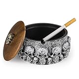 Cenicero de calavera con tapa para cigarrillos, cenicero de resina natural para uso en interiores o exteriores, ceniceros frescos y decoraciones de Halloween para el hogar y decoración negra (negro)