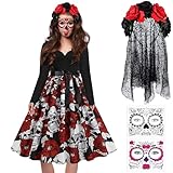 VEQENIFY Disfraz de Día de los Muertos para mujer, vestido rockabilly, vestido de fiesta con estampado de calavera, manga larga, cuello en V, vestido de graduación, vestido de diapositiva de los