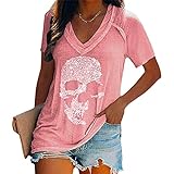 Camisetas con Estampado de Calavera para Mujer, Camisetas de Manga Corta Sueltas con Cuello en V Profundo y Calavera a la Moda
