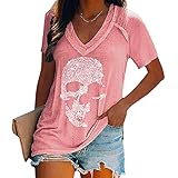 Camisetas con Estampado de Calavera para Mujer, Camisetas de Manga Corta Sueltas con Cuello en V Profundo y Calavera a la Moda