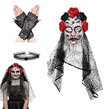 Máscara de Velo Del Día de Los Muertos, Diadema Mexicana Día de Los Muertos, Contiene Máscara De Novia Fantasma Con Velo, Collar Del Día de Guantes Del Día de Los, para Halloween (Rojo+Negro)