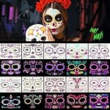 Kiiwah 10 Hojas Tatuajes Temporales Halloween, Pegatinas Cara Halloween Día de Los Muertos Cráneo Cara Tatuajes Calavera Floral Rosas Rojas Tatuajes Temporales para Halloween Maquillaje