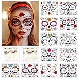 Halloween Temporary Tattoo Calavera 14 piezas Esqueleto Halloween Tattoo Face Dia de Los Muertos Tatuaje Esqueleto Maquillaje Facial Maquillaje Pegatinas para Halloween Carnaval Fiesta