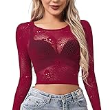 Buitifo Blusa corta sexy para mujer, lencería de red, diseño de calavera, cosplay, blusa exótica para la playa, rojo oscuro, M