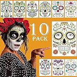Owyee 10 hojas de tatuajes de cara de Halloween Día de los Muertos Calavera Floral Esqueleto Telaraña Rosas Rojas Pegatinas de Tatuaje Temporal para Hombres Mujeres Halloween