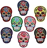 ROSETOR Juego de 8 parches coloridos de calavera, parches bordados para planchar para jeans, bolsos, chaquetas, 5 x 7 cm, insignias punk rock de estilo mexicano, apliques del Día de los Muertos