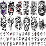 77 hojas de tatuajes temporales, tatuajes falsos de estilo gótico con calaveras de araña de terror para adultos y adolescentes, pegatinas de tatuajes temporales grandes para maquillaje de terror