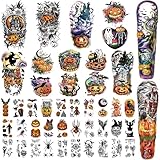 Yazhiji 44 Hojas Halloween Brazo Completo Tatuajes Temporales Calabaza Bruja Azúcar Calavera Tatuaje para Mujeres Hombres Niños y Niñas Zombie Maquillaje Kit, Cicatriz Tatuajes Impermeables