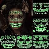 5 Piezas Tatuajes Temporales Halloween, Maquillaje Halloween Luminoso, Pegatinas Cara Halloween, Tatuajes Halloween Esqueleto Calavera Día de Los Muertos Pegar para Cara Carnaval Mascarada Tattoos Kit