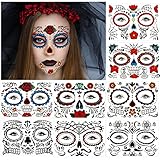 DPKOW Tatuajes Temporales de Halloween para Adultos Mujeres Niñas Maquillaje Facial, 8 Hojas Día de los Muertos Cara Tatuaje Rosa Calavera Telaraña Tatuajes Pegatinas para Halloween Fiesta Mascarada