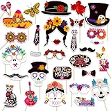 Qpout 30Pcs Día de los Muertos Photo Booth Props, Día de los Muertos Mexicano Máscaras de Calavera de Azúcar Selfie Accesorios para el Cinco de Mayo Fiesta de Halloween Suministros de Fiesta